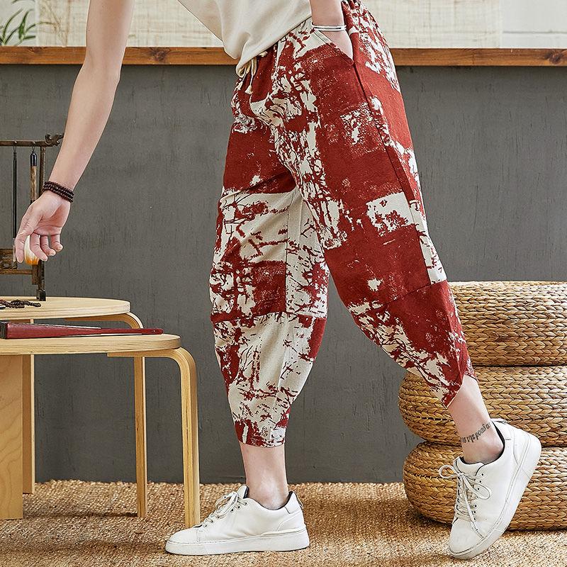 Summer Men's Cotton Linen Shorts Men's Casual Loose Sports Harlan Cropped Pants