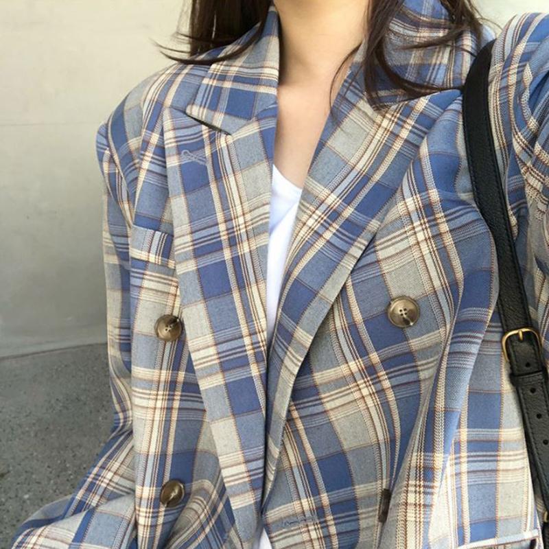 Vintage Loose Women Plaid BlazerAutumn Chic Double Breasted Female Long Sleeve Suit Jackets Stylish Ladies Blazer