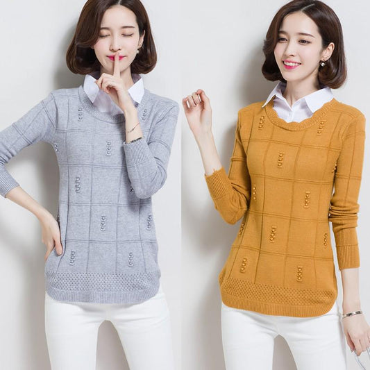 Autumn/winter Lapel Pullover Sweater Women's Plus Size Korean Style Slim Short Fake Two-piece Sweater Sweet Patchwork Knit Sweater Outwear