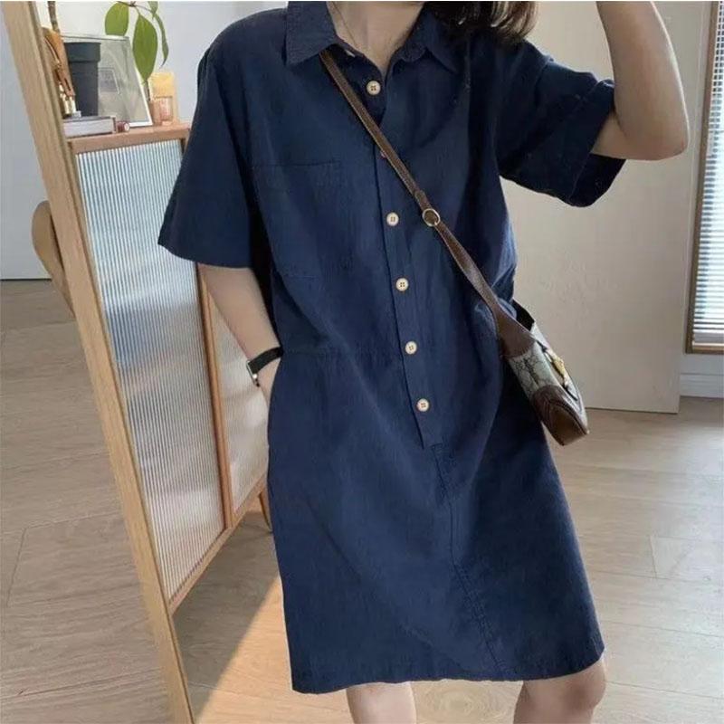 Cotton and Linen Women's Simple Temperament Commuter Casual Straight Lapel Pullover Short Dress