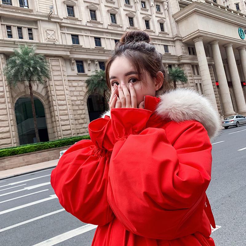 Winter Ruffled Thickened Women's Cotton-padded Jacket Mid-length Fur Collar Hooded Cute Rabbit Ears Cotton-padded Jacket Fashion Warmth Parka Coat