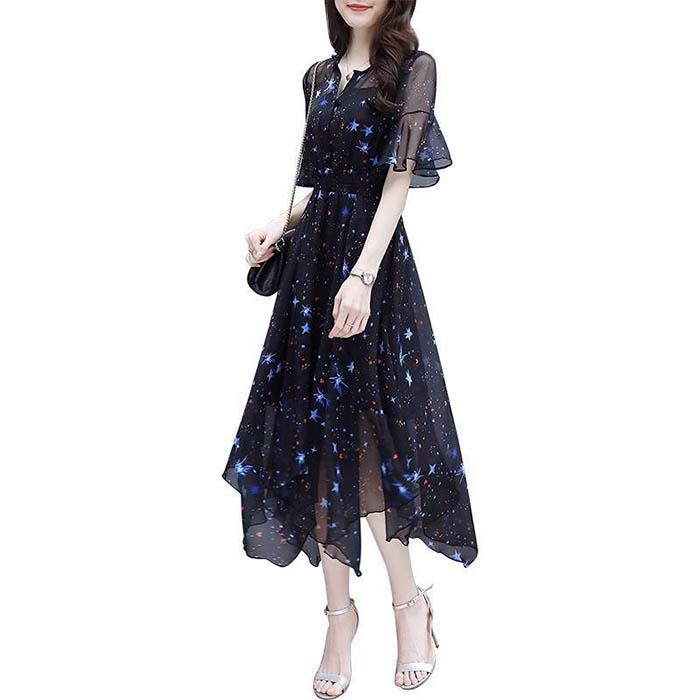 Pofulove S-3XL Women V-neck Chiffon Star Dress Slim Office Lady Sexy Short-sleeved Long A-line Dress