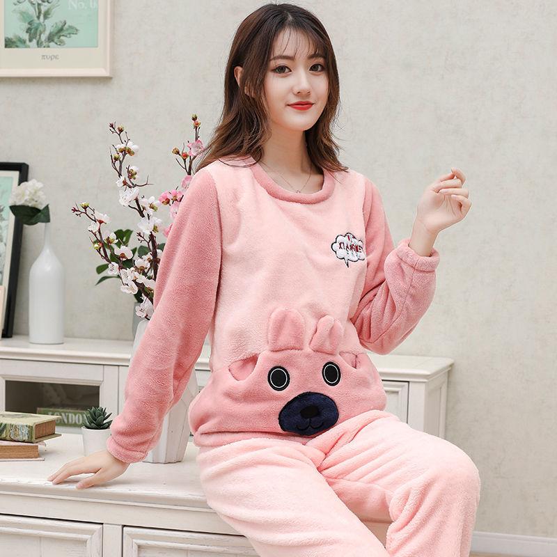 Autumn and Winter Coral Fleece Women's Pajamas Keep Warm Cute Student Flannel Long Sleeves Can Be Worn Outside Home Clothes