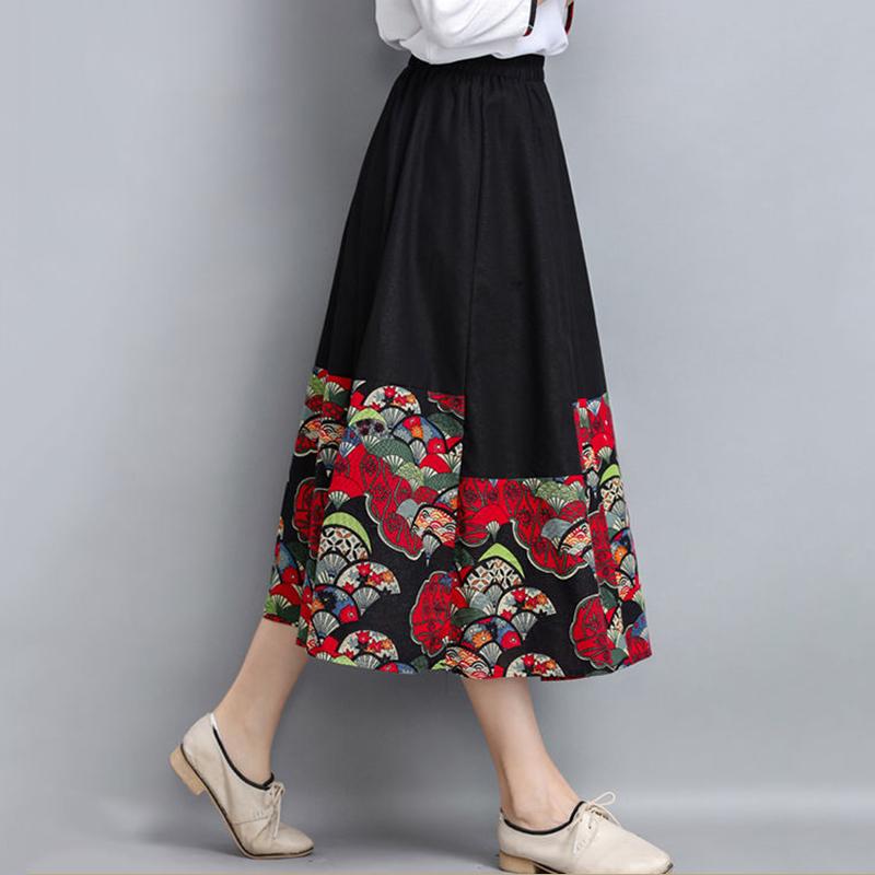 Four Seasons Skirt Stitching Ethnic Style Women's Skirts Cotton and Linen Large Swing Mid-length Skirt Retro Was Thin