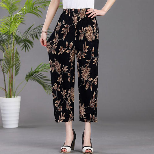 Women's Summer High Waist Wide Leg Floral Casual Pants Large Size Loose Elastic Waist Simple Slim and Comfortable Leggings