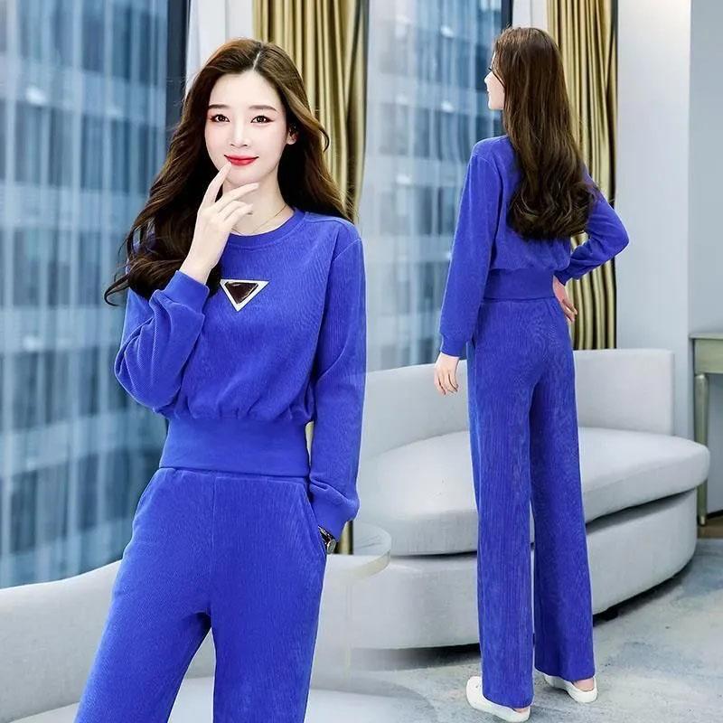2PCS Women's Sweater Suit Spring Long Sleeve Pullover Sweater + Casual Wide Leg Pants Two Piece Set Ladies Waist Temperament Sports Suit