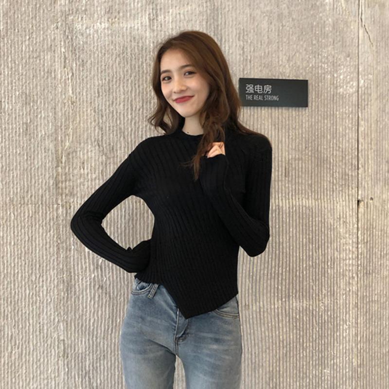 Pofulove Shirt with Irregular Sweater Women's Fashion Slim Long-sleeved Women  Knitted Bottoming