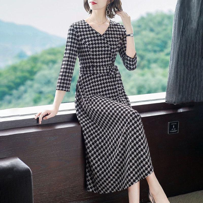 Plaid Printed Skirt Spring Summer Casual All-match Long Skirt V-neck Three-quarter Sleeves Waist Thin A-line Dress