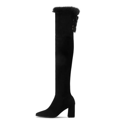 Over The Knee Boots Women Plus Fleece Thick Heel 5cm High Boots Pointed Toe Elastic Boots High Heel Boots
