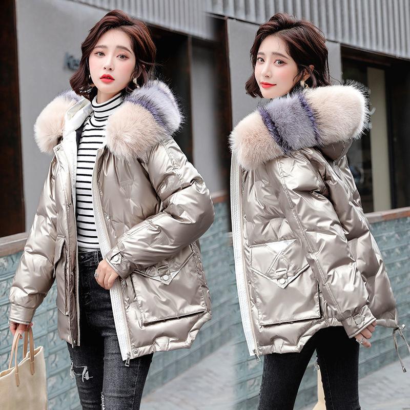 Women's Down Jacket Coat with Real Fur Collar, Short Padded Warm Hooded Female Leather Jacket