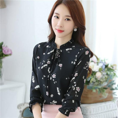 Fashion Floral Tops Blouses Women Long Sleeve Shirts Print Chiffon Blouse Women