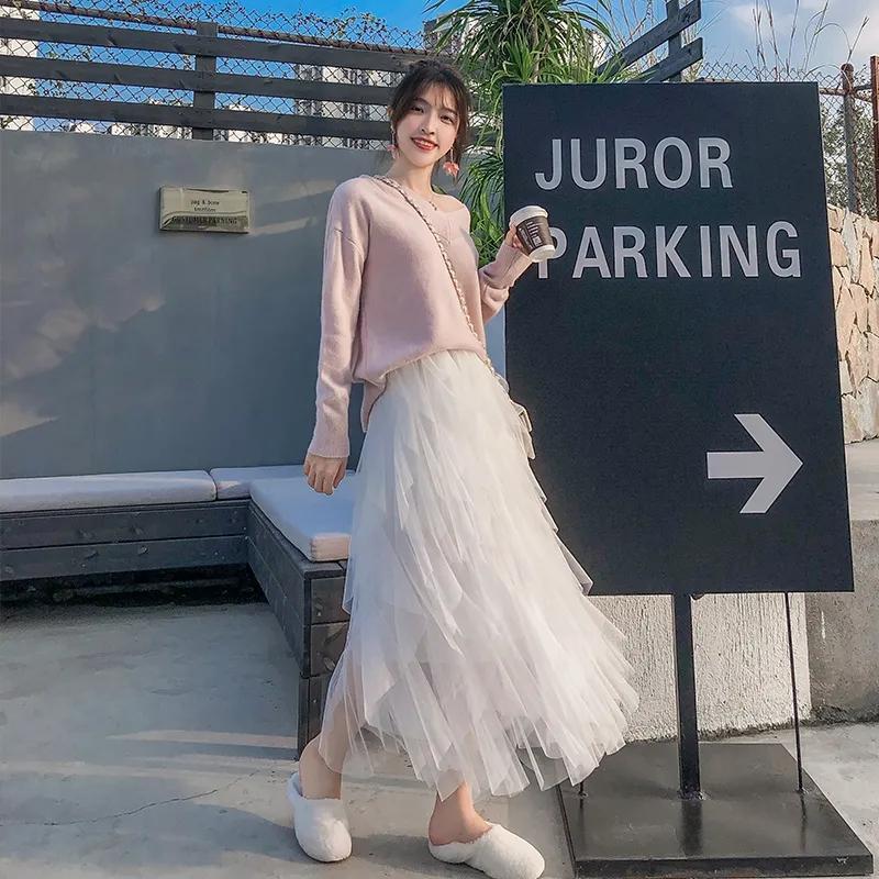 Spring Summer Sweet Cake Mesh Skirt Women's A-line Pleated Skirt Irregular Long Skirt Solid Color Fluffy Gauze Skirt Mid-length