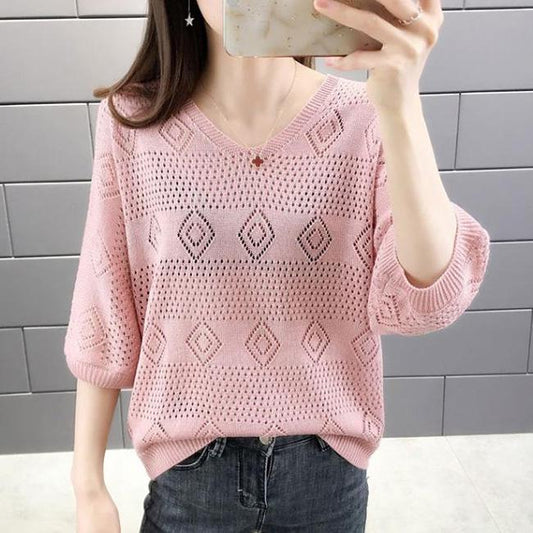 V-neck Hollow Knit Sweater Loose Breathable Long-sleeved Sweater Thin Bottoming Shirt