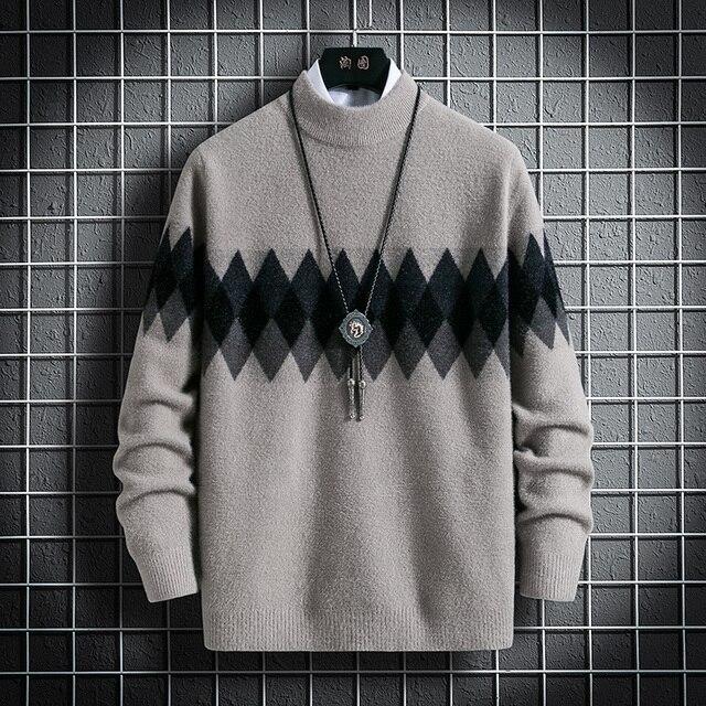 Onnestun Sweater Men Winter Long Sleeve Men's Knitted Pullover Casual Warm Imitation Mink Half High Collar Sweaters Man Tops
