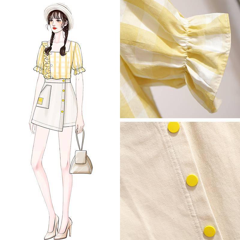 Pofulove Summer Women's Slim Skirt Set Flare Sleeve Plaid blouse Irregular short Skirt Two Piece Set
