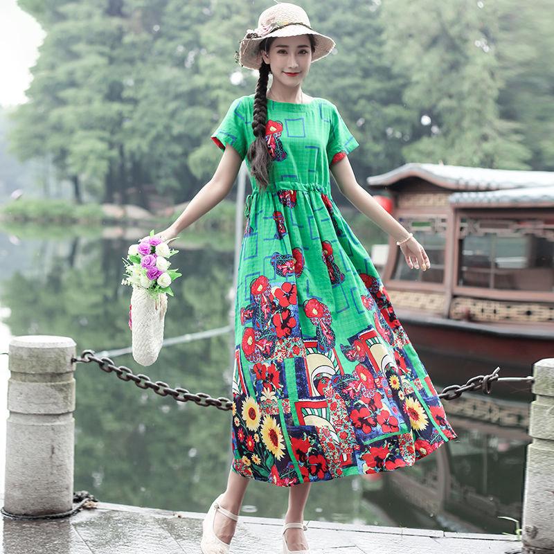 Women Ethnic Style Printed Dress Summer Loose Large Size Short-sleeved Literary Retro Waist Long Skirt