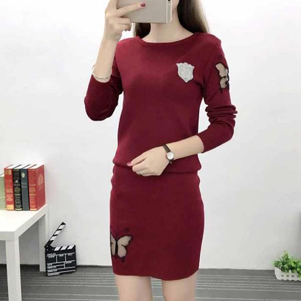 Autumn and Winter Slim Bag Hip Sweater Fashion Workplace Suit Short Skirt Female Butterfly Long-sleeved Knitted Dress Two-piece