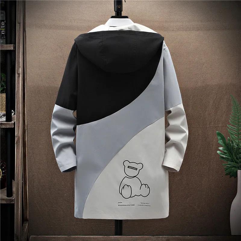 Bear Print Windbreaker Hooded Jacket Men Coat Casual Loose Parka Soft Comfortable Top Long