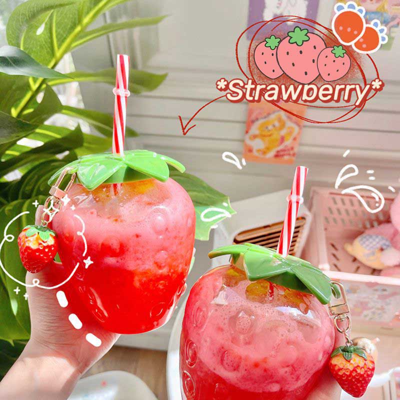 Ins Wind Net Red Strawberry Straw Cup Plastic Cup Cute Female Hand-held Milk Tea Cup Student Portable Water Cup Water Bottle