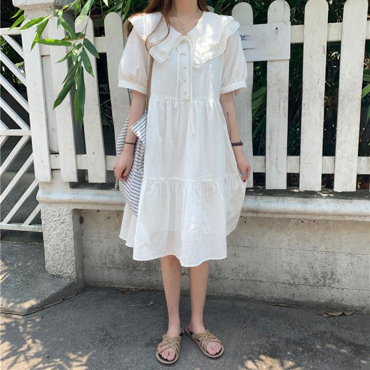 White Cute Sweet Well-behaved Girl Solid Color Bow Ruffle Mid-length A-shaped Skirt Looser  Short Sleeve Dress