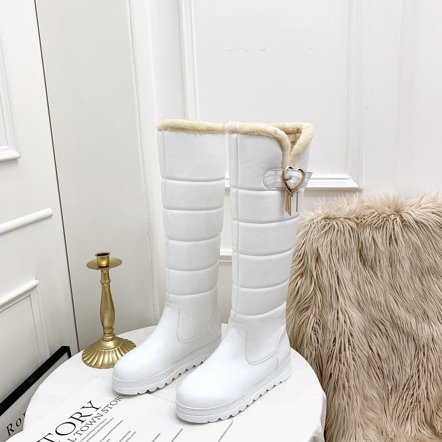 Women's High Boots Winter Shoes Waterproof Snow Boots Flat Heel Warm Fur Boots Thigh High Botas Black White 34- 43 Size
