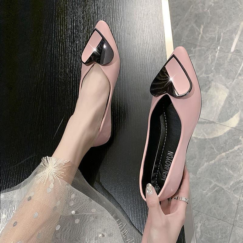 Sweet Pointed Toe Flat Shallow Mouth Single Shoes All-match Women's Shoes Heart-shaped Square Buckle Soft Leather Flat Shoes