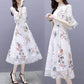 Pofulove Women V-neck White Chiffon Dress Slim Office Lady Sexy Short-sleeved Long A-line Dress