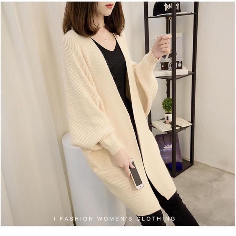 Simple Solid Color Mid-length Knitted Cardigan Jacket Spring and Autumn Women's Loose Bat Shirt with V-neck Top