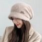 Women's Autumn Winter All-match Korean Version Warm Pile Hat Knitted Woolen Hat Solid Knitting Hat with Brim Rabbit Hair Blend Rhinestone Hat