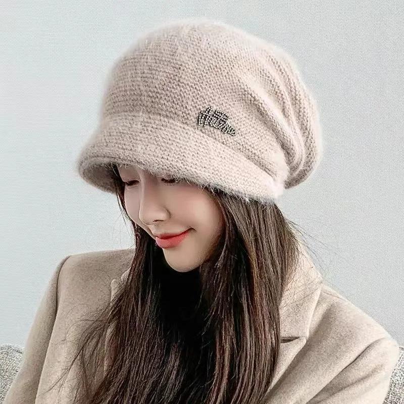 Women's Autumn Winter All-match Korean Version Warm Pile Hat Knitted Woolen Hat Solid Knitting Hat with Brim Rabbit Hair Blend Rhinestone Hat