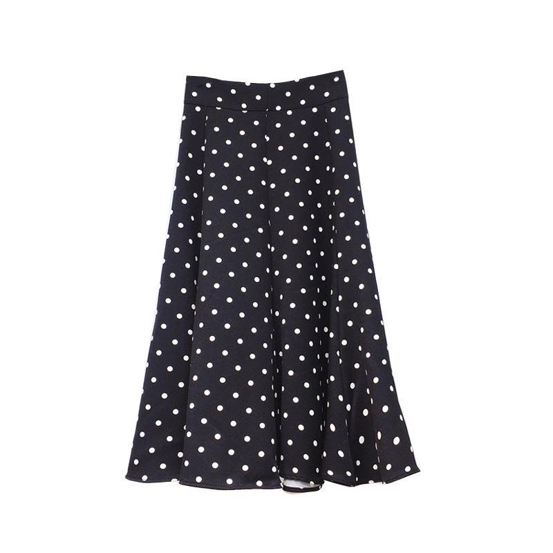 Spring Summer Polka Dot Skirt Floral Black Elegant Maxi Office Zipper Skirts with Lining Plus Size