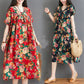 Oversized Retro Women's Cotton Loose Short-sleeved Floral Dress Loose Pleated Kaftan Robe