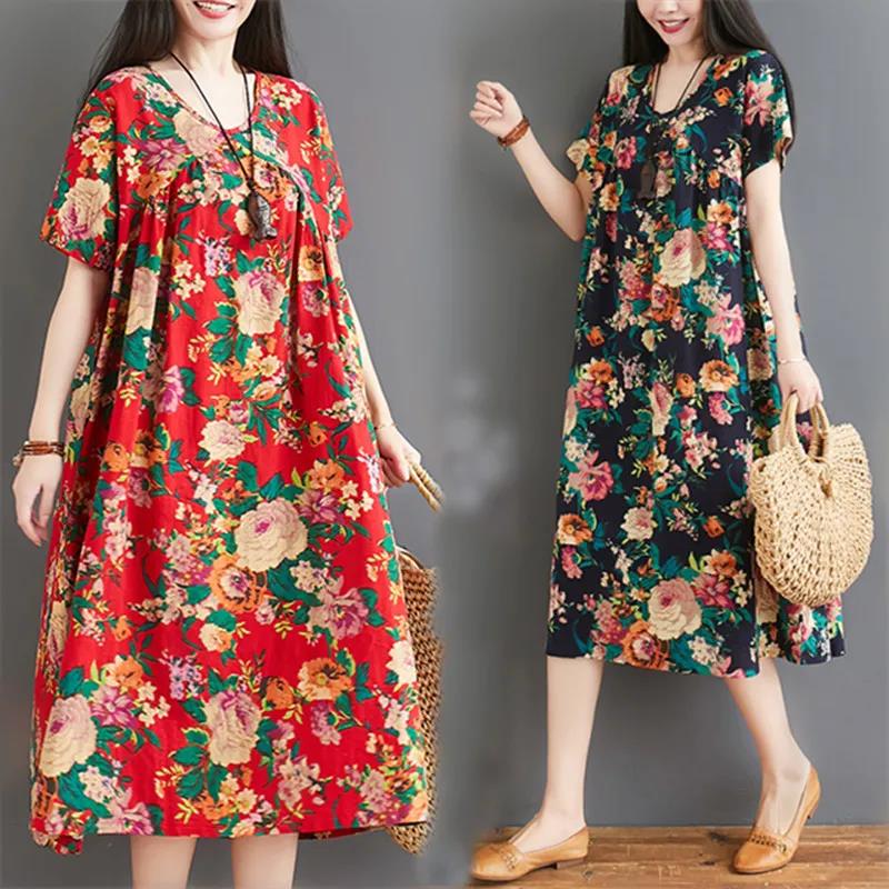 Oversized Retro Women's Cotton Loose Short-sleeved Floral Dress Loose Pleated Kaftan Robe