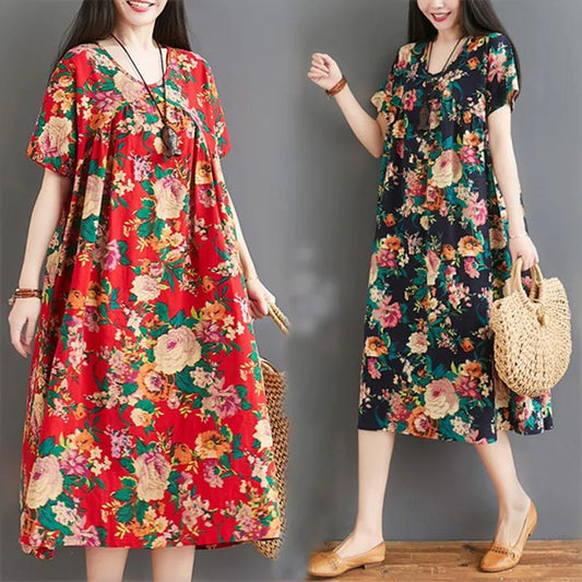 Oversized Retro Women's Cotton Loose Short-sleeved Floral Dress Loose Pleated Kaftan Robe