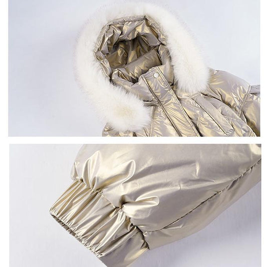 Winter Thick Mid-length Hooded Shiny Down Jacket Women Loose Waist Big Fur Collar White Duck Down Jacket Women Winter Thick Warm Jacket