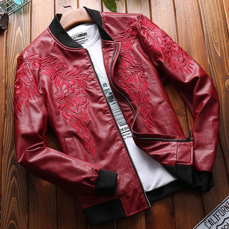 Men's Leather Jackets Embroidery Print Stand Collar Zipper Coat Motorcycle Leather Jacket Mens Coats