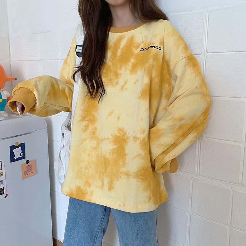 Spring  Autumn Thin Casual Long-sleeved Letter Printing Pullover Sweatshirt Tops Ladies O- Neck Tie-dye Hoodies