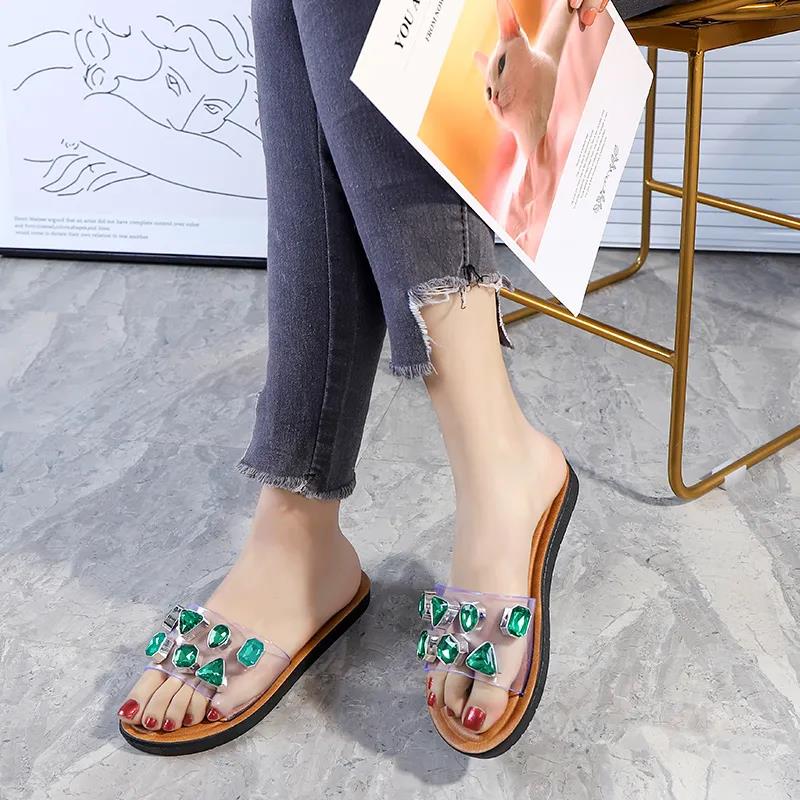 Slippers for Women's Outer Wear Summer Gemstone Decoration Non-slip Soft-soled Sandals Women's Flat Sandals Flat Shoes for Indoor and Outdoor Wear