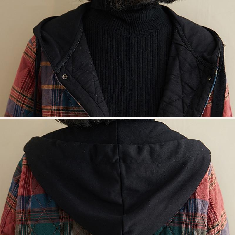 Women Vintage Winter Parkas Plaid Button Coats Pockets Korean Style Parkas
