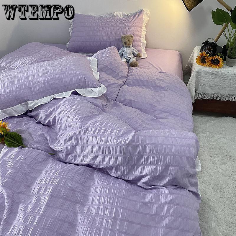 Princess Style Washed Cotton Seersucker Four-piece Solid Color Bedding Quilt Cover Sheet Four Seasons Universal