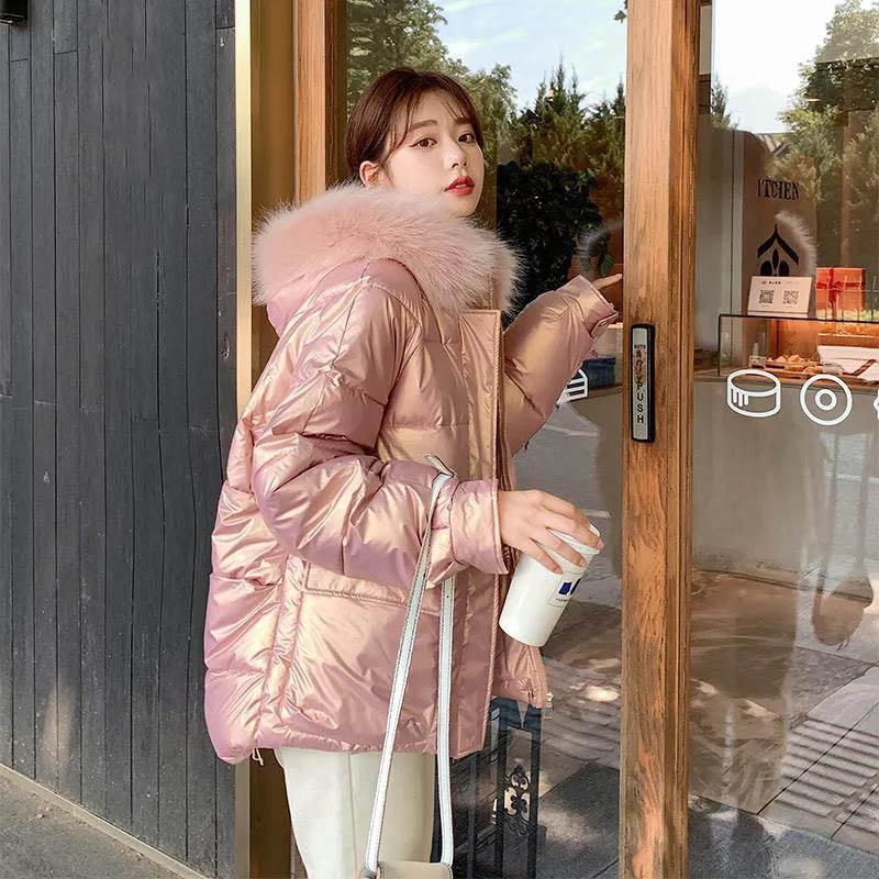 Winter Women's Cotton-padded Jacket Short Section Thickened Big Fur Collar for Girls Shiny Cotton-padded Jacket Warm Jacket