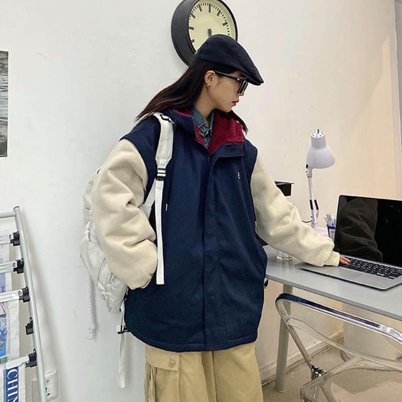 Cotton-padded Jacket Women's Winter Style Cotton-padded Jacket Loose Student Hong Kong Style Lamb Wool Plus Velvet Thick Coat