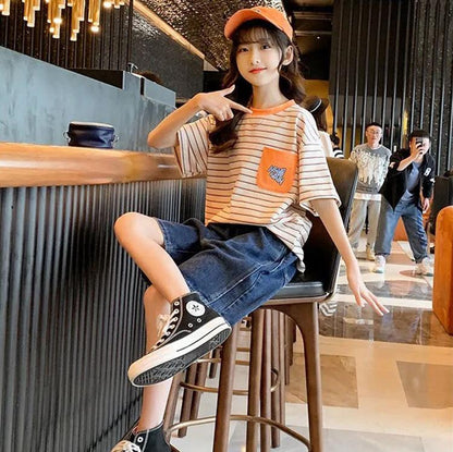 Girls' Summer Thin Loose T-shirt Jeans Suit Striped T-shirt Jeans Shorts Two Piece Casual Wear Kid Clothing