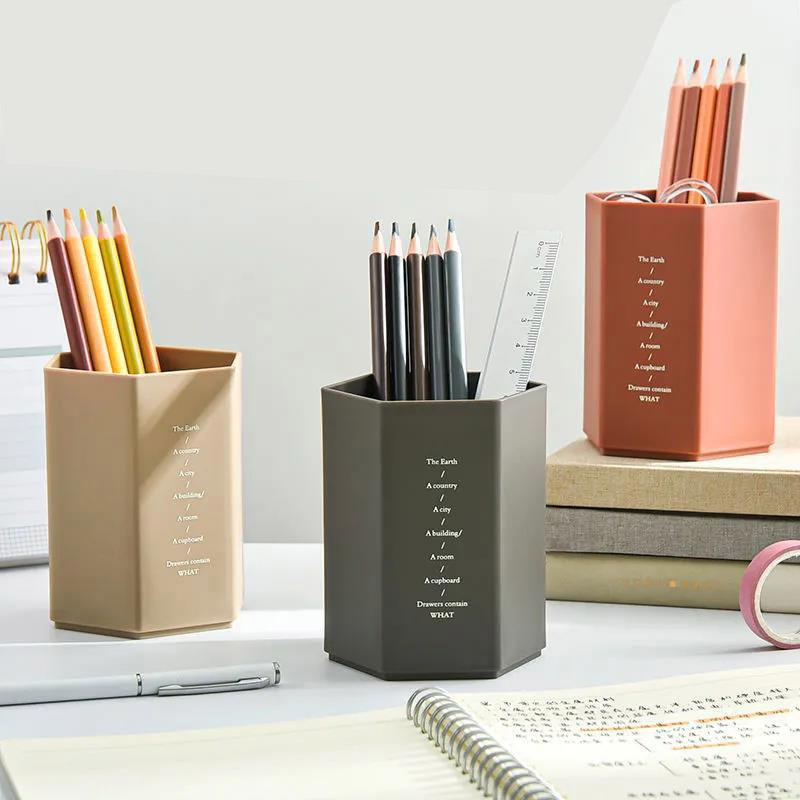 Ins Retro Pen Holder Simple Student Japanese High-value Desktop Hexagonal Pen Holder Storage Box Desktop Storage Stationery