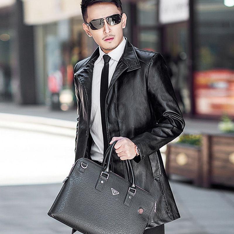 Men's Business Leather Jacket Mid-length Coat Windbreaker Jacket Men European and American Casual Winter Men