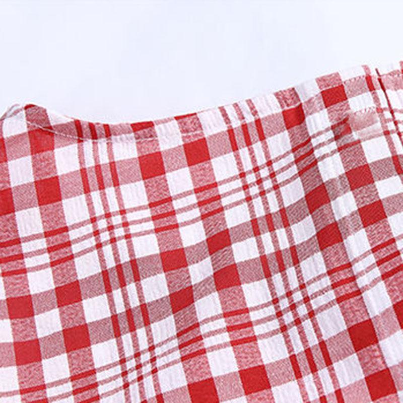 Women's Summer Plaid Short Sleeve Large Size Casual Loose Square Neck Top