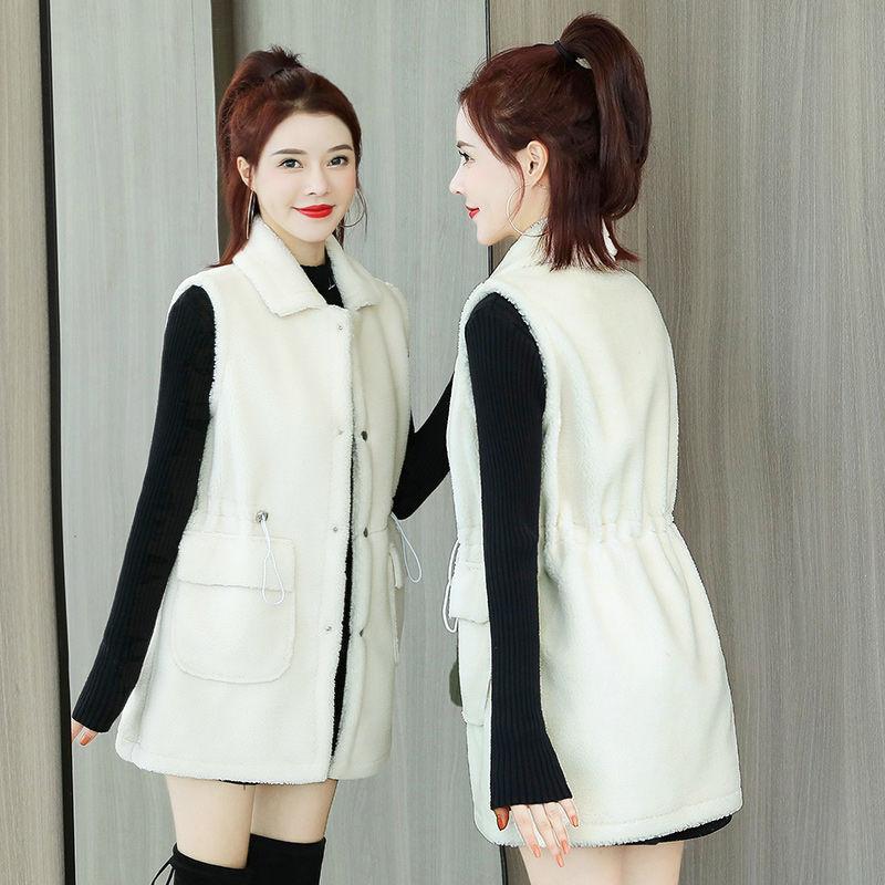 Autumn and Winter Lamb Hair Vest Women's Mid-length Pocket Waistcoat Student Casual Solid Color Jacket
