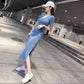 Pofulove S-XL Women Short-sleeved Split Drawstring A-line Dress Sexy Long Knit V-neck T-shirt Dress
