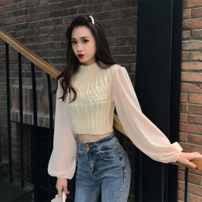 Pofulove Temperament Half Turtleneck Short Sweater Chiffon Lantern Long Sleeve Paneled Sweater