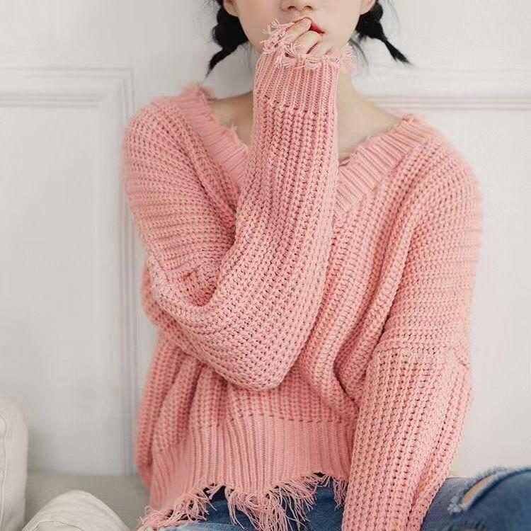 Women Fringed Zigzag Hem V Neck Sweater Drop Shoulder Ripped Pullovers Streetwear Loose Tops